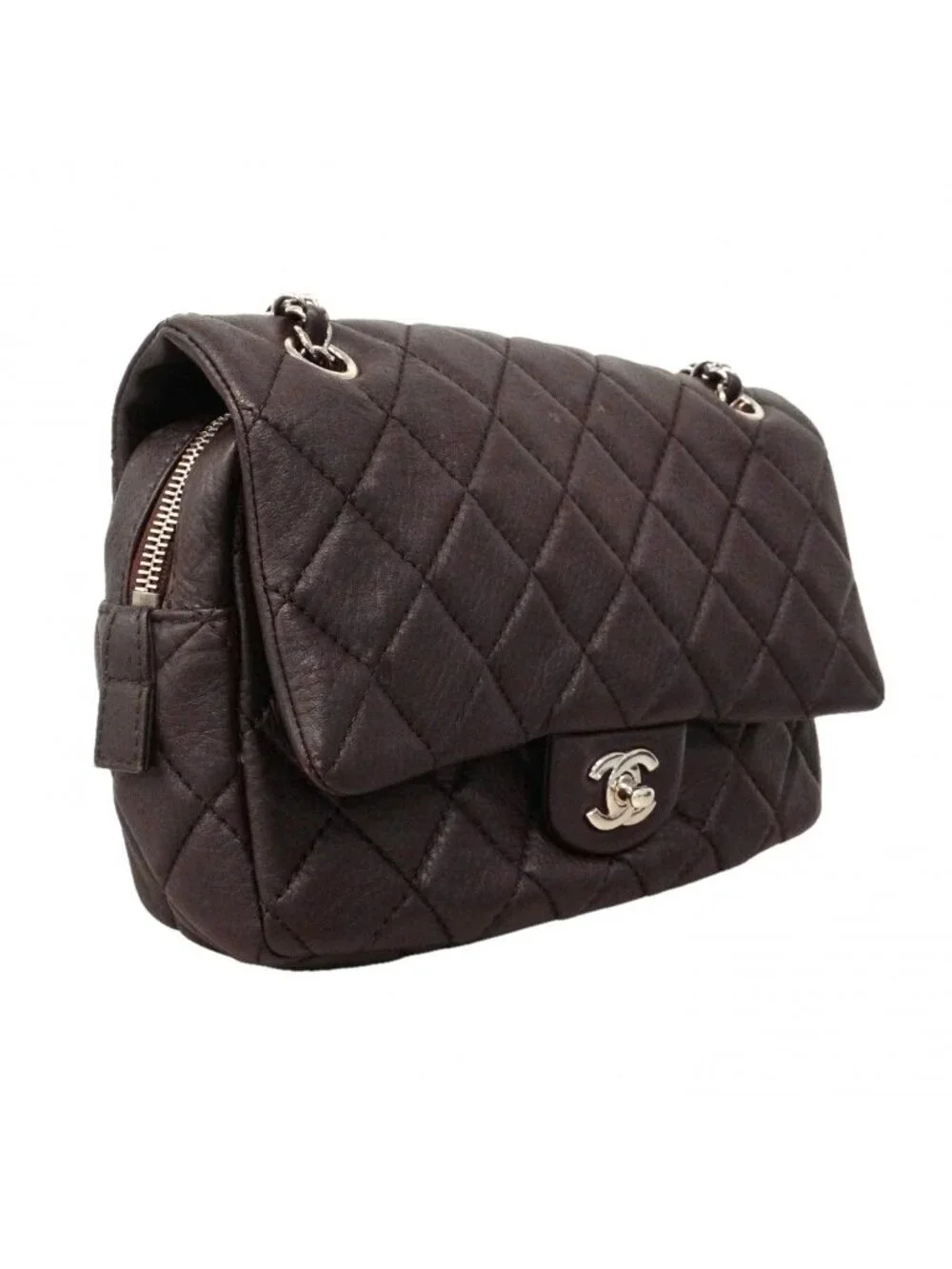 Chanel Shoulder Bag Quilted Calf Brown Silver